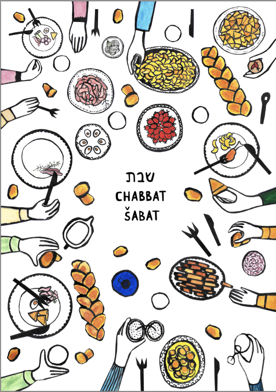 Hand-drawn illustration of a Shabbat table seen from above — challah, plates and many hands